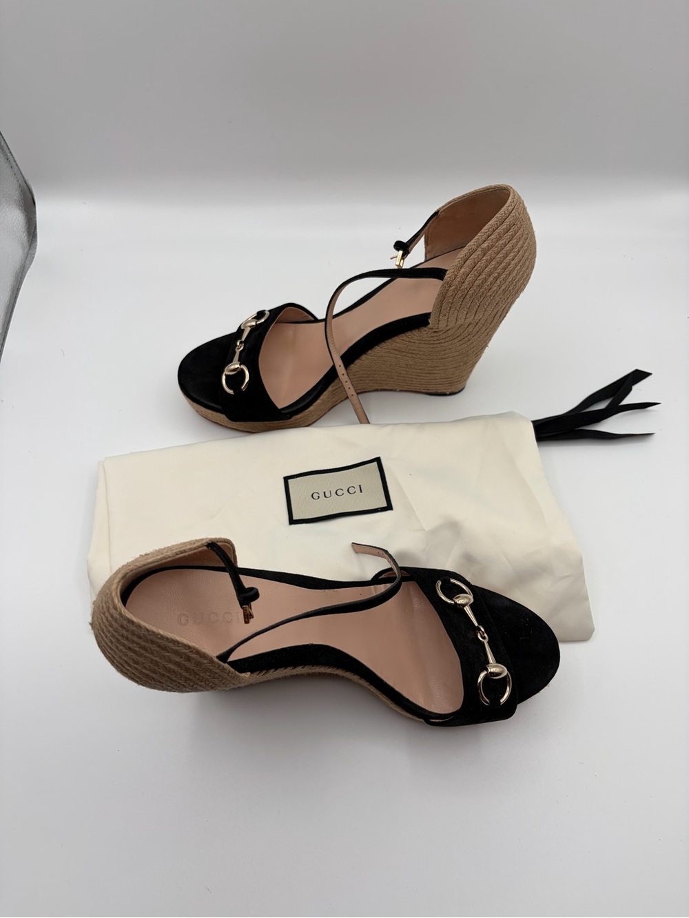 Gucci Horsebit Kid Suede Espadrille Wedge Sandals Black Size 40 - Picture 2 of 9